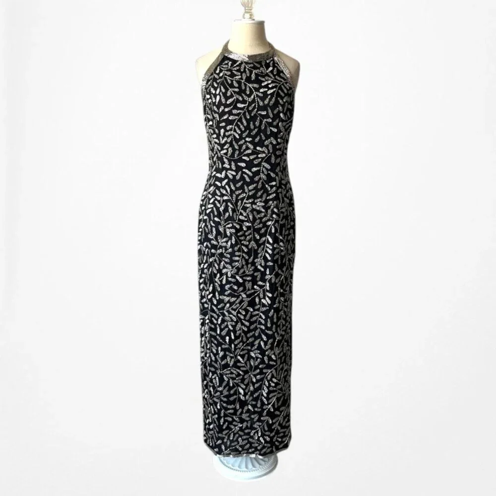 Vintage Y2K Black White Gray Floral Beaded Maxi Bodycon Formal Dress M - Picture 4 of 9